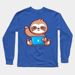 Cute Sloth Working On Laptop Cartoon Long Sleeve T-Shirt